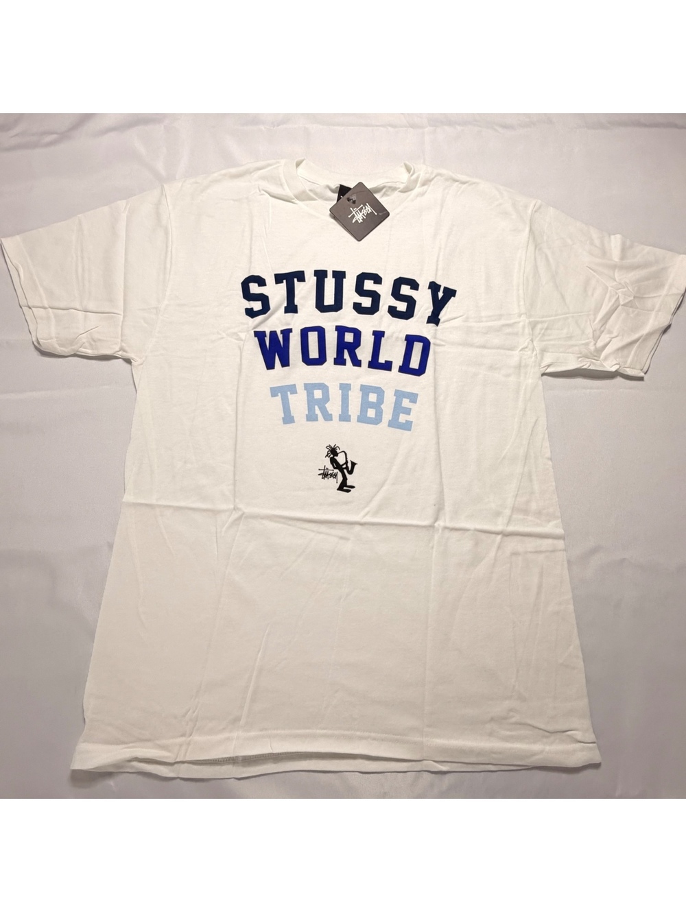Stussy SWT Collegiate World Tribe Tee White Blue M NWT